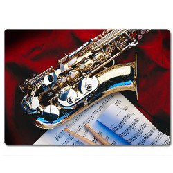 Planche à découper en verre : Saxophone, partition, baguettes