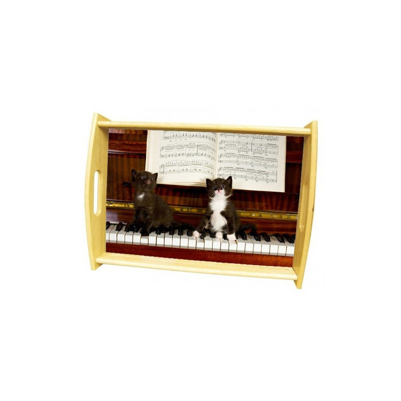 Plateau repas en bois : 2 chatons sur un piano