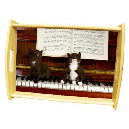 Plateau repas en bois : 2 chatons sur un piano