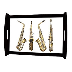 Plateau repas en bois : 4 vues du saxophone
