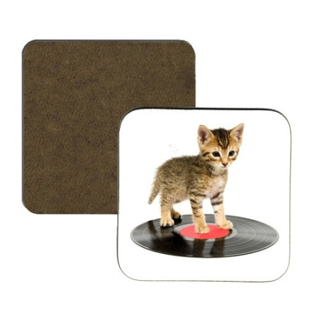 Sous-verre carré : Chat sur un disque vinyle