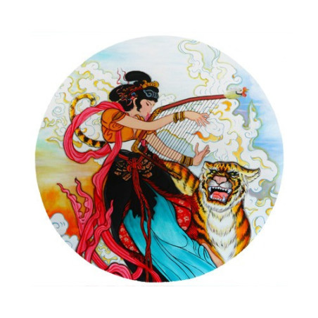 Tapis de souris rond : Peinture traditionnelle chinoise représentant une harpiste