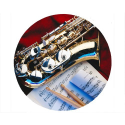 Tapis de souris rond : Saxophone, baguettes, partitions