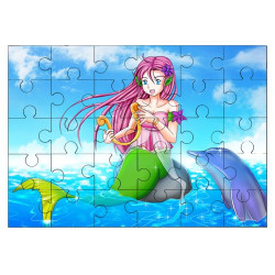 Puzzle en bois 30 pièces : Sirène avec une lyre et un dauphin