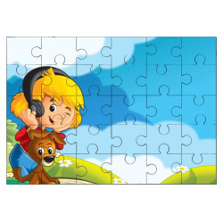 Puzzle en bois 30 pièces : Garçon avec un casque et un chien