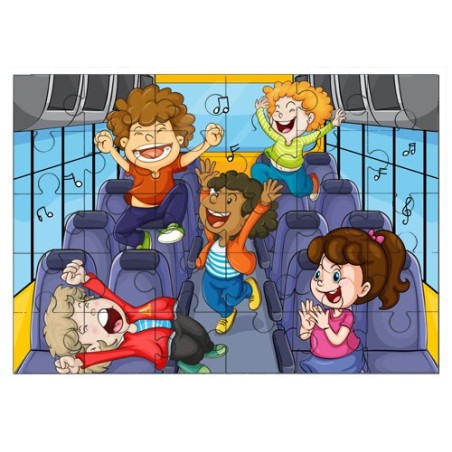 Puzzle en bois 30 pièces : Enfants qui chantent dans un bus